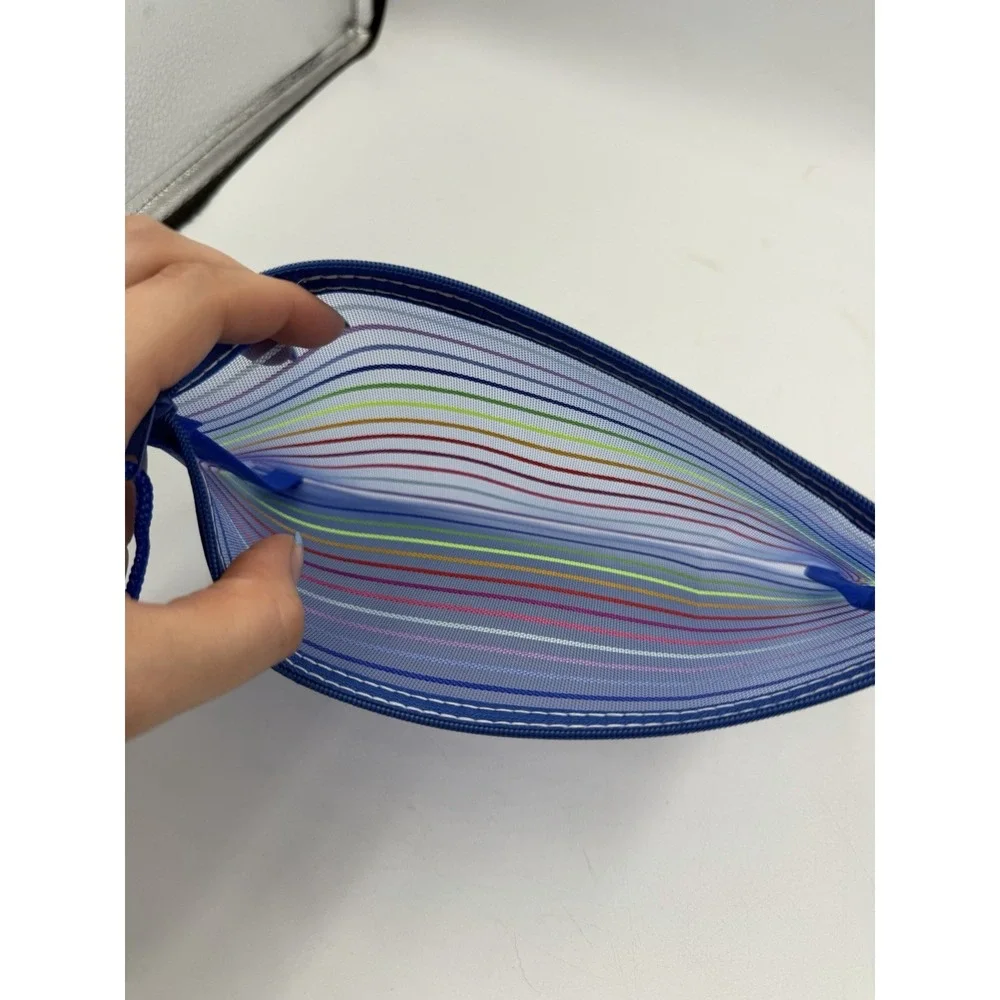 NEW Blue Rainbow Striped Cosmetic Toiletry Bag Make up Hand Case Organizer Pouch